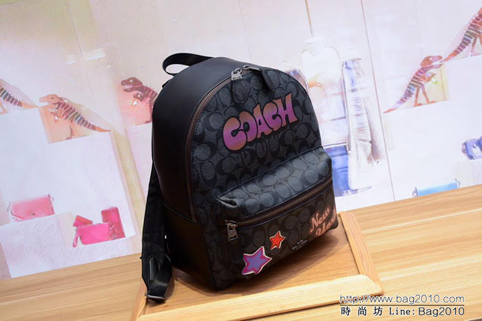 COACH蔻馳 31499新款 男女通用款塗鴉 PVC拼皮 休閒雙肩背包 旅行包  Chz1535
